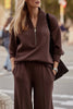 Meet The Autumn Ribbed Zipper Neck Sweatshirt and Elastic Waist Pocketed Loose Pants Set