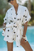 Playful Linen Blend Polka Dot Tie-up Kimono Top and Elastic Waist Pocket Shorts Set