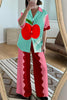 Apple Print Oversized Blouse and Elastic Waist Pocketed Pants Set