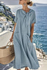 Solid Color Casual Short-sleeved Tie Round Neck Loose Pocket Mid-length Dress