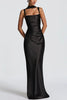 Calanthe Satin Square Neck Ruched Back Lace-up Drape Mesh Scarf Maxi Dress