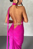 Grecian Inspired One Shoulder Side Metal Circle Design Backless Stretch Maxi Dress