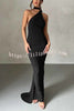 Grecian Inspired One Shoulder Side Metal Circle Design Backless Stretch Maxi Dress
