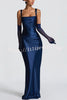 Calanthe Satin Square Neck Ruched Back Lace-up Drape Mesh Scarf Maxi Dress