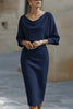 Solid Color Batwing Sleeve Fitted Waist Elegant Midi Dress