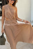 Spring Neutrals Chiffon One Shoulder Cutout Elastic Waist Pleated Maxi Dress