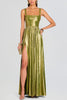 Artistic Quality Metallic Pleated Fabric Removable Straps Slit Maxi Dress