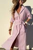 All-match Striped Button Up Half Sleeve Belted Pocket Shirt Midi Dress