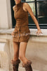 Autumn Atmosphere Faux Suede High Neck Zipper Tank and Button-Front Pocket Mini Skirt
