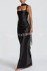 Calanthe Satin Square Neck Ruched Back Lace-up Drape Mesh Scarf Maxi Dress