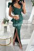 Steal The Show Satin Patchwork Ruffle Design Ruched Slit Maxi Dress