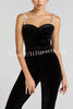 Eliza Luxurious Velvet Fabric Jewel-embellished Shoulder Straps Belted Flare Jumpsuit