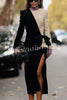 Love Unfolded Contrast Color Side Bow Tie-up Long Sleeve Slit Midi Dress