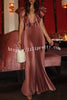 Merry and Bright Satin Deep V-neck Dramatic Ruffled Sleeve Pleated Maxi Dress