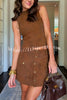Autumn Atmosphere Faux Suede High Neck Zipper Tank and Button-Front Pocket Mini Skirt