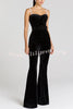 Eliza Luxurious Velvet Fabric Jewel-embellished Shoulder Straps Belted Flare Jumpsuit