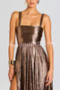 Artistic Quality Metallic Pleated Fabric Removable Straps Slit Maxi Dress