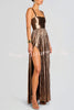 Artistic Quality Metallic Pleated Fabric Removable Straps Slit Maxi Dress