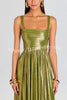 Artistic Quality Metallic Pleated Fabric Removable Straps Slit Maxi Dress