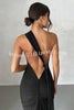 Grecian Inspired One Shoulder Side Metal Circle Design Backless Stretch Maxi Dress