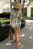 Blend Into Leaves Linen Blend Unique Print Long Sleeve Blouse and Wrap Tie-up Mini Skirt Set