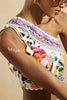 Sun Kissed Printed Crochet Flowers Trim One Shoulder Cut Out Maxi Dress