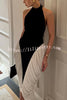 Daija Contrast Color Halter Neck Backless Side Ruched Drape Midi Dress