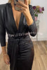 Shiny Lady Metallic Fabric Padded Long Sleeve Tie-up Ruched Midi Dress