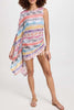 Arloe Knit Colorful Zigzag Pattern Asymmetric Flare Sleeve Ruched Tie-up Mini Dress