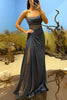 Essie Satin Rhinestone Patchwork Twist Waist Strapless Slit Maxi Dress