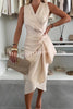 A Touch of Romance Satin V-neck Ruched Irregular Ruffle Midi Dress