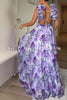 Whimsy Grace Tulle Floral Ruffle Detail Back Lace-up Pleated Maxi Dress