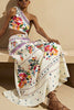 Sun Kissed Printed Crochet Flowers Trim One Shoulder Cut Out Maxi Dress