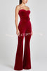 Eliza Luxurious Velvet Fabric Jewel-embellished Shoulder Straps Belted Flare Jumpsuit