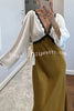 Lainei Contrast Color Satin Lace Trim V-neck Long Sleeve Maxi Dress