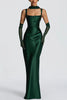 Calanthe Satin Square Neck Ruched Back Lace-up Drape Mesh Scarf Maxi Dress