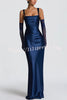 Calanthe Satin Square Neck Ruched Back Lace-up Drape Mesh Scarf Maxi Dress