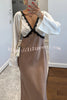 Lainei Contrast Color Satin Lace Trim V-neck Long Sleeve Maxi Dress
