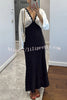 Lainei Contrast Color Satin Lace Trim V-neck Long Sleeve Maxi Dress
