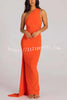 Grecian Inspired One Shoulder Side Metal Circle Design Backless Stretch Maxi Dress