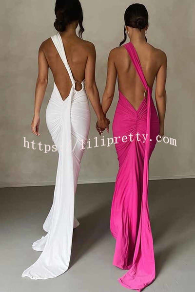 Grecian Inspired One Shoulder Side Metal Circle Design Backless Stretch Maxi Dress