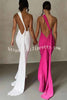 Grecian Inspired One Shoulder Side Metal Circle Design Backless Stretch Maxi Dress