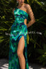 Aleo Satin Unique Print One Shoulder Elastic Cutout Waist Maxi Dress