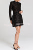 Edie Sequin High Neck Long Sleeve Satin Bow Belted Tulip Mini Dress