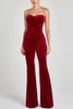Eliza Luxurious Velvet Fabric Jewel-embellished Shoulder Straps Belted Flare Jumpsuit