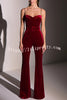 Eliza Luxurious Velvet Fabric Jewel-embellished Shoulder Straps Belted Flare Jumpsuit