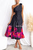 Ultimate Party One Shoulder Flower Brooch Drawstring Cutout Waist Midi Dress