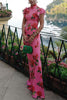 Cheongsam Style Rose Floral Print Tiered Flare Sleeve Stretch Maxi Dress