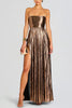Artistic Quality Metallic Pleated Fabric Removable Straps Slit Maxi Dress