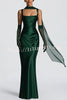 Calanthe Satin Square Neck Ruched Back Lace-up Drape Mesh Scarf Maxi Dress